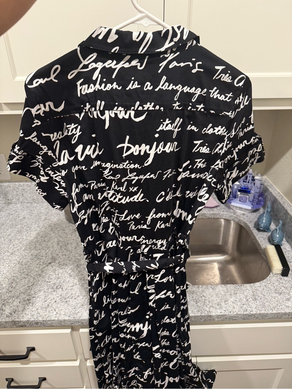 Karl Lagerfeld Black and White Script Tie-Waist Shirt Dress - Picture 2 of 4